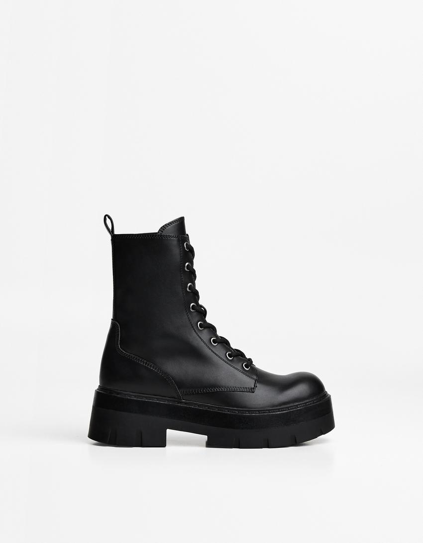 Lace-up track sole ankle boots-BLACK-0