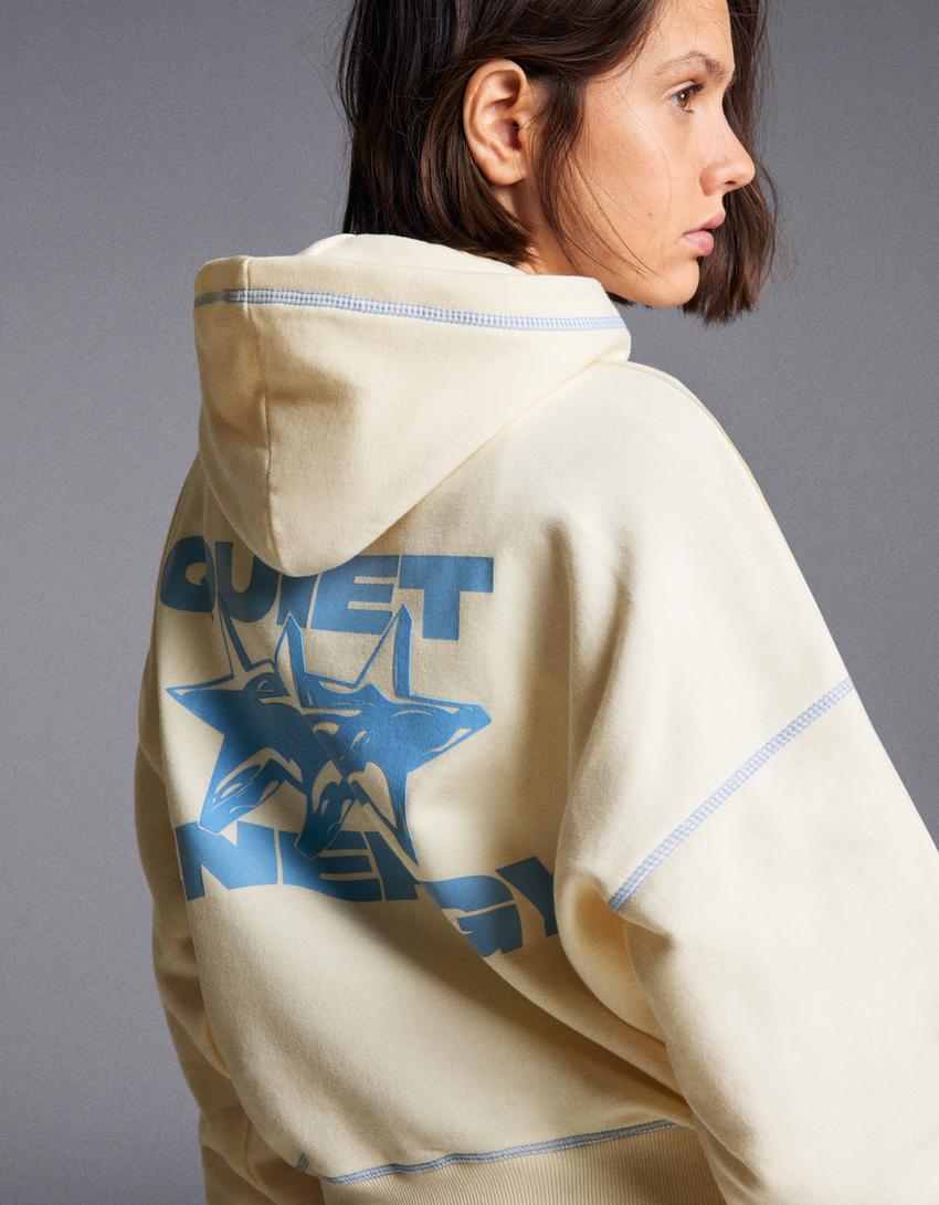 Baskılı kapüşonlu sweatshirt-Krem