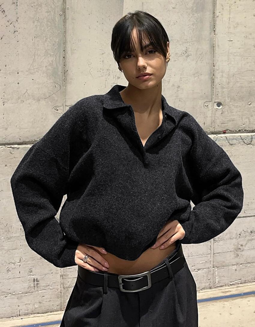 Pull boxy fit col polo-Gris