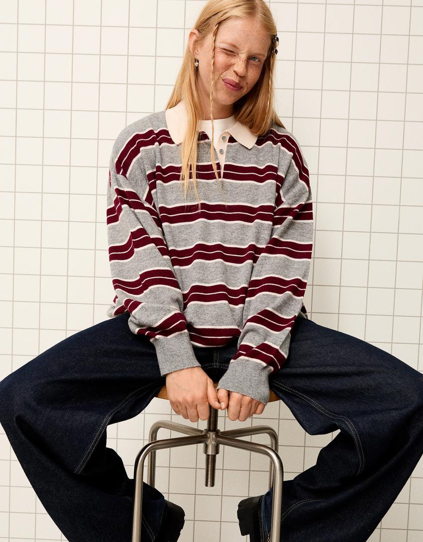 Pull col polo-Bordeaux-0