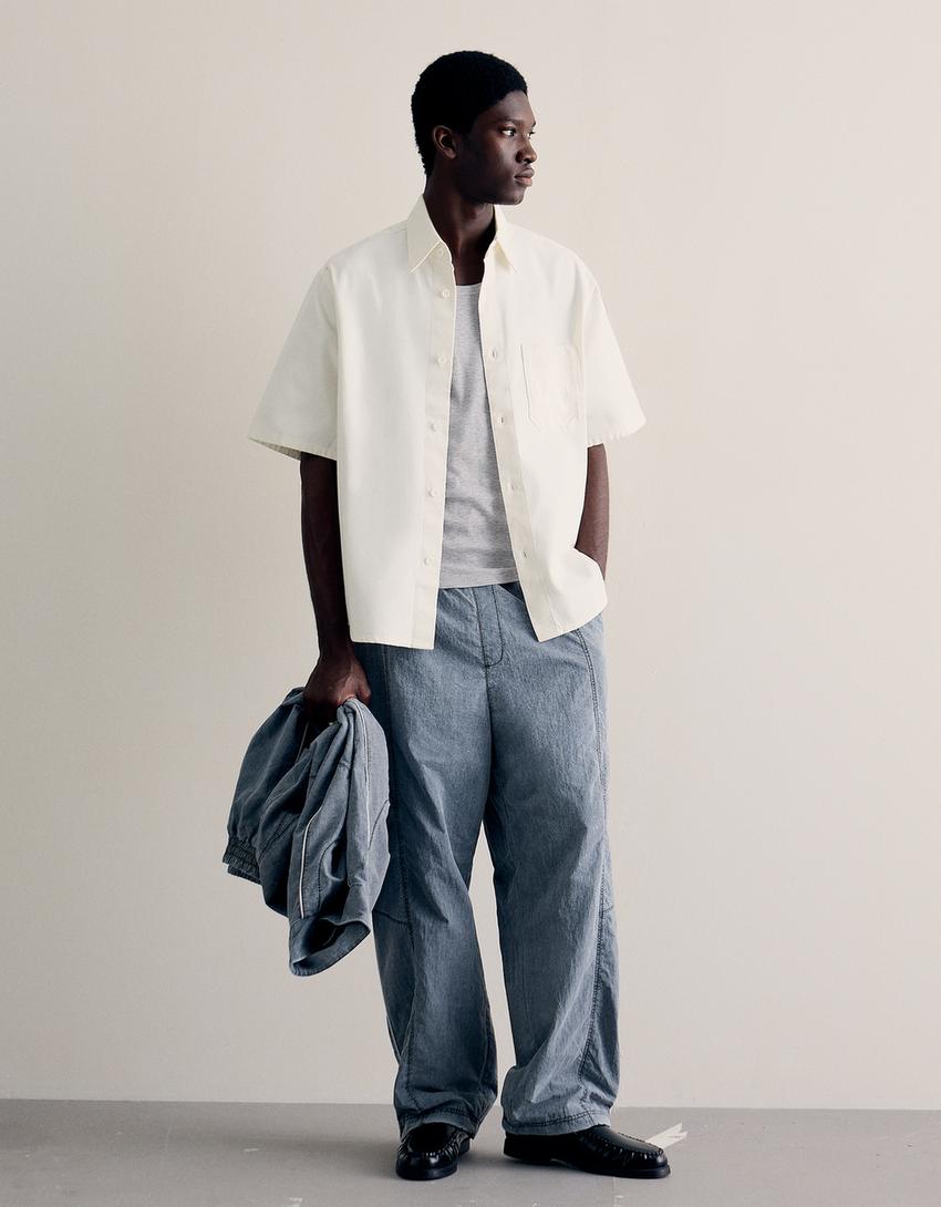 Embroidered short sleeve boxy fit shirt-Off white