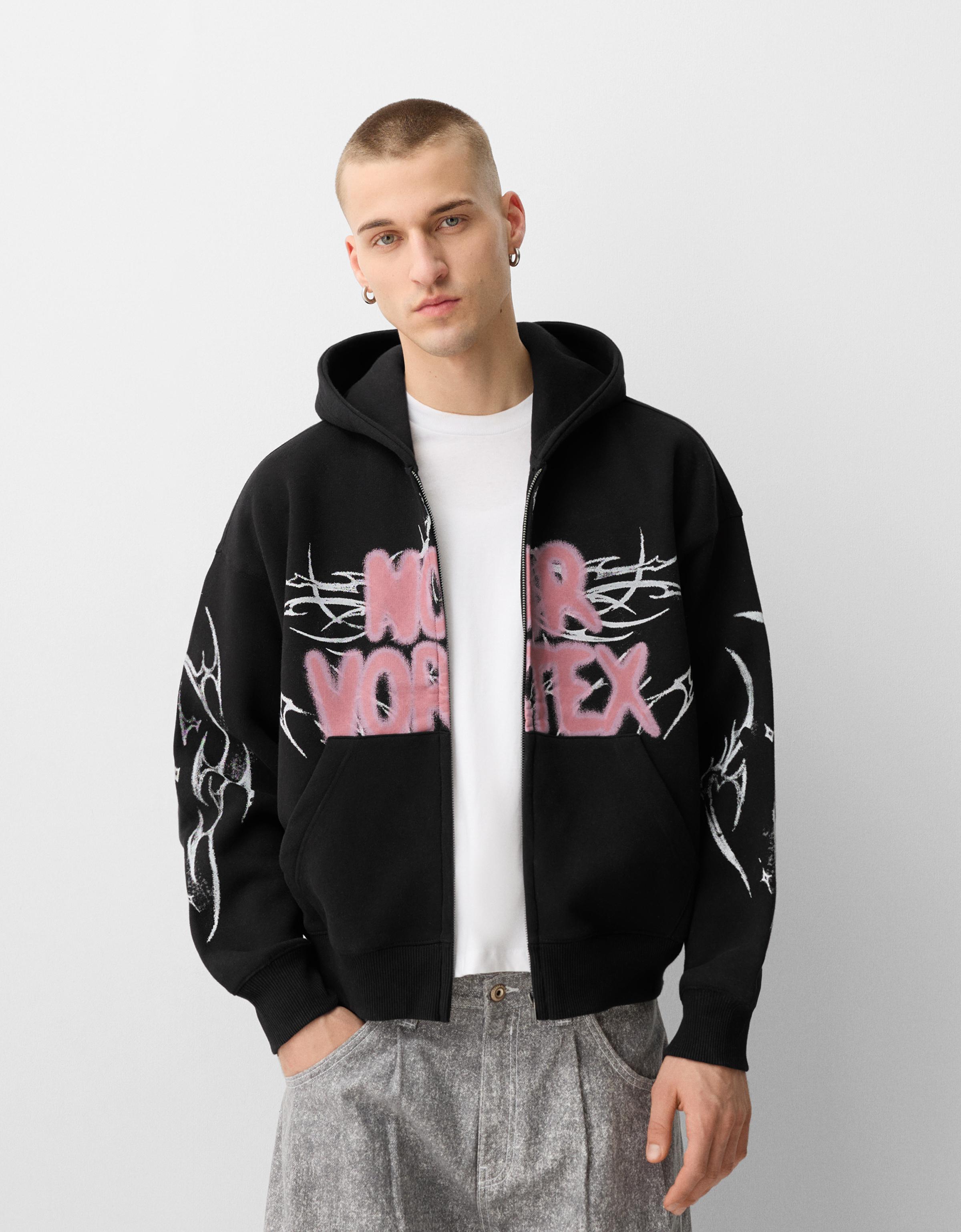 Bershka Sweatshirt Im Boxy-Fit Mit Reißverschluss Und Print Herren Xl Grau