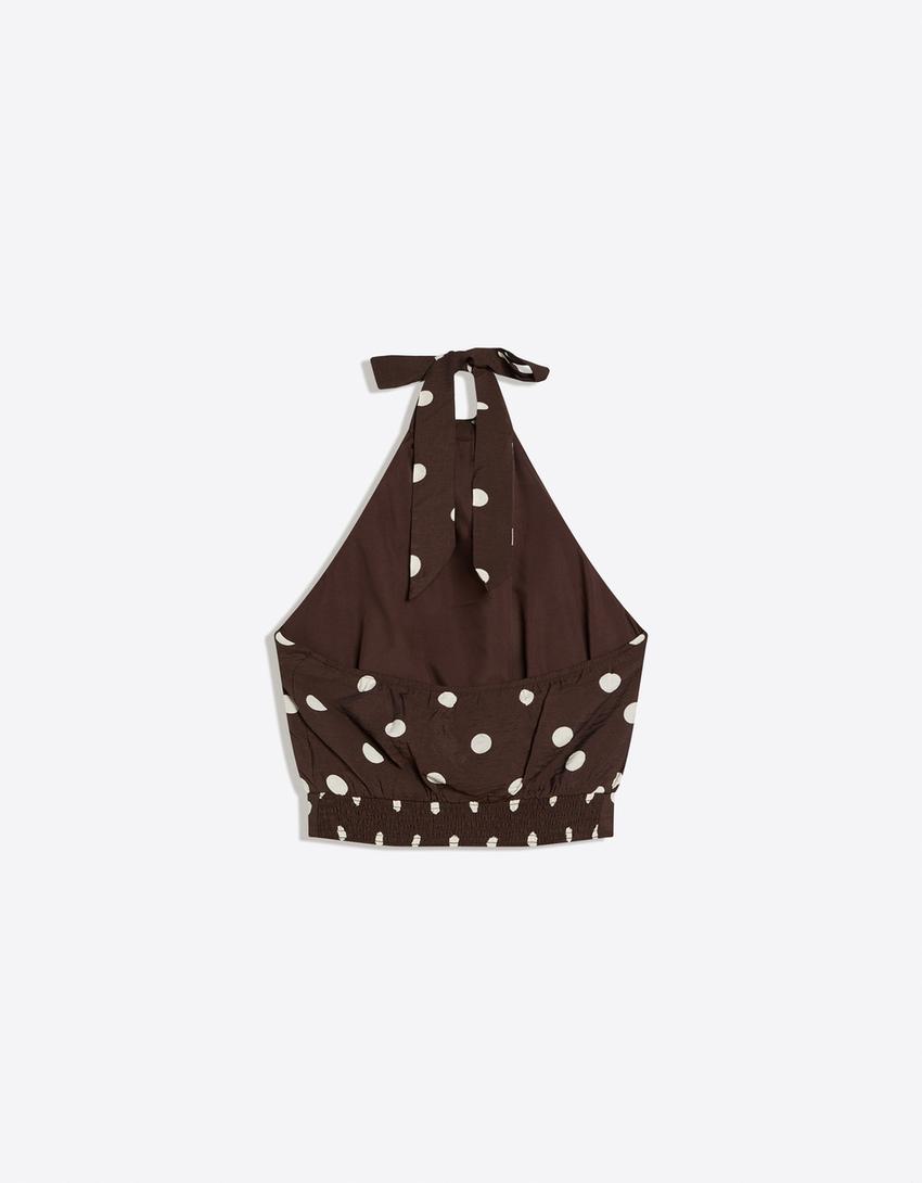 Neckholder-Top mit Tupfen-Braun
