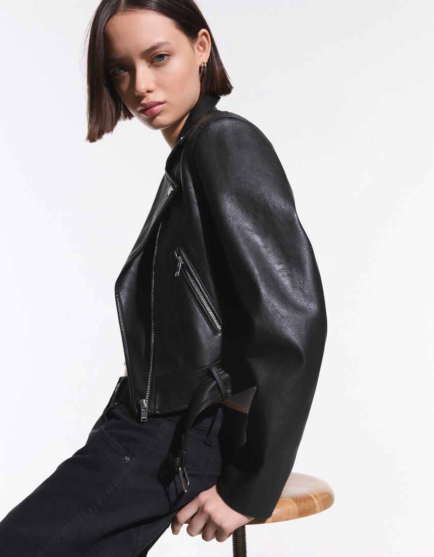 Blouson biker similicuir-Noir