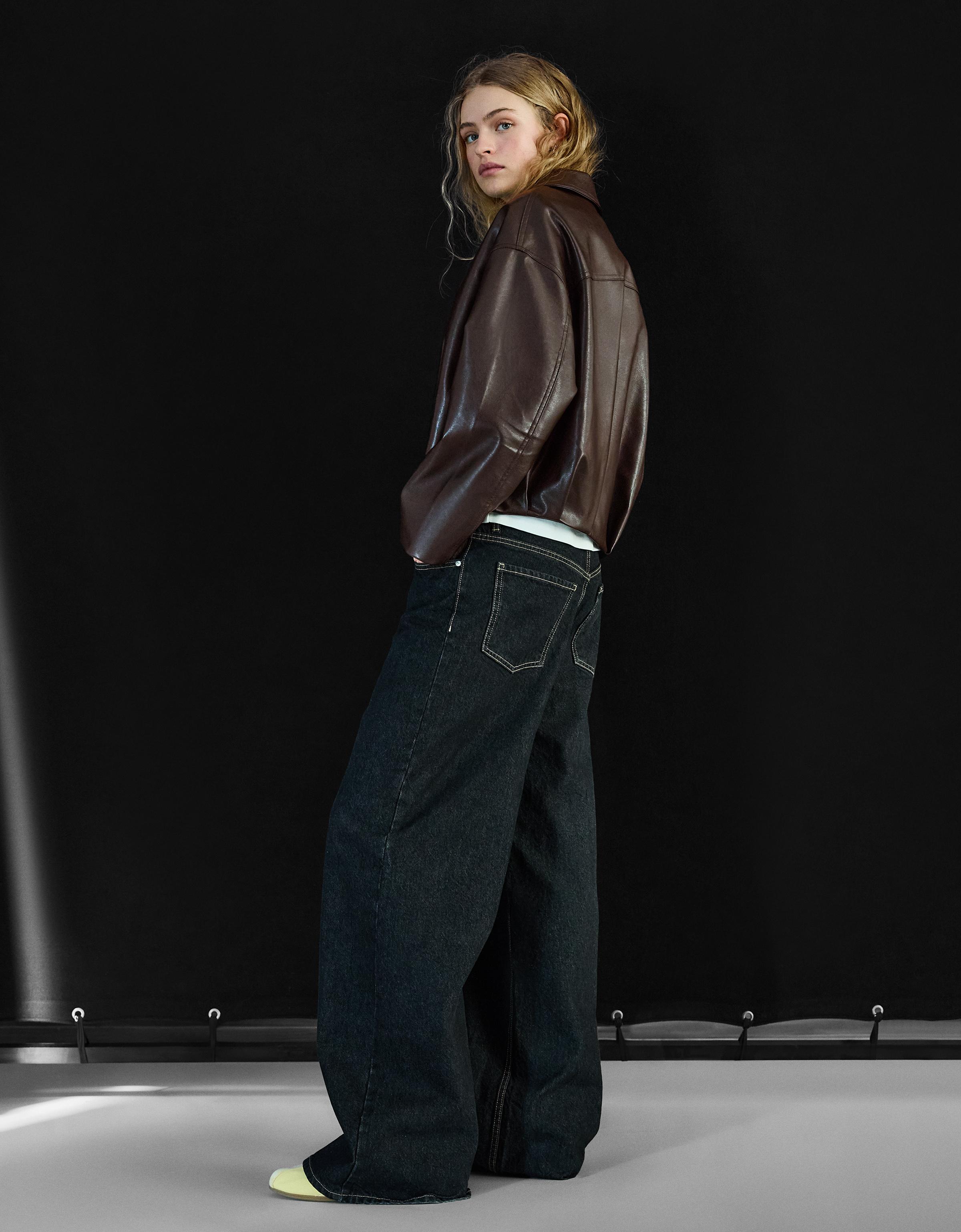 Leather effect bomber jacket with belt — Brown