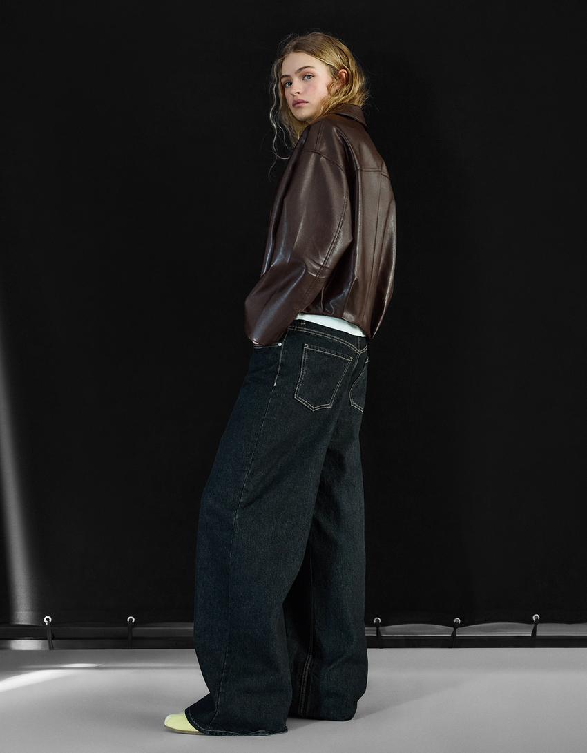 Faux leather bomber jacket with belt-Brown