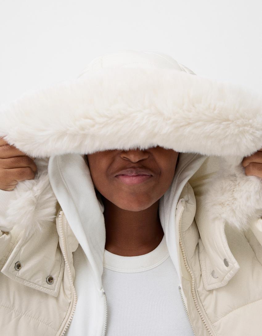 Puffer jacket with faux fur hood-Cream-4