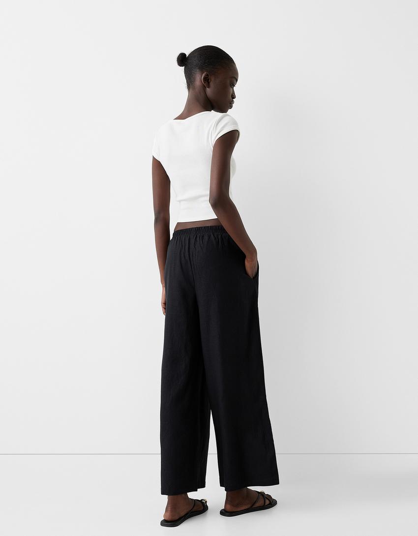 Culottes with linen and an elastic waist-Black-2