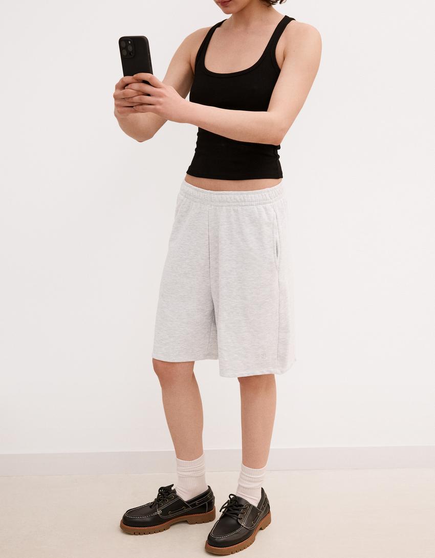 Plush Bermuda shorts with embroidery-Grey