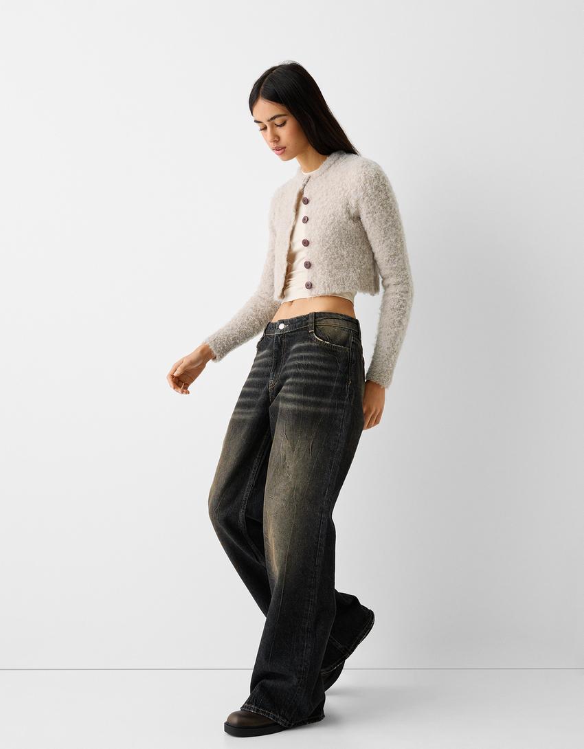 Short bouclé button-up cardigan-Sand-3