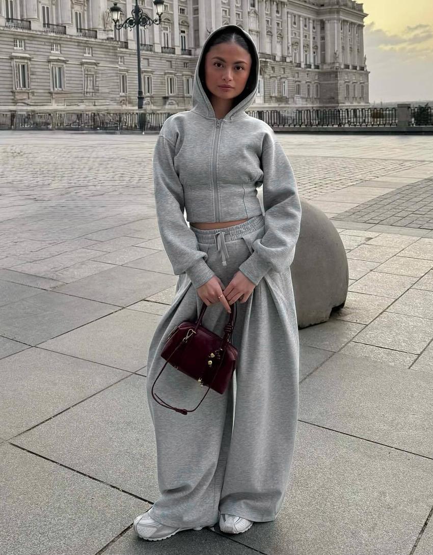 Neoprene effect wide-leg trousers with stoppers-Grey