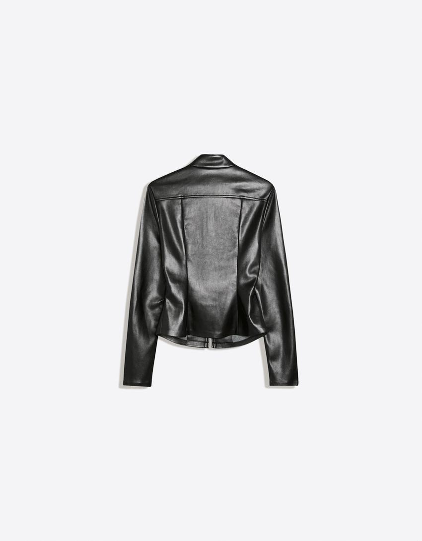 Fitted faux leather shirt with zip-Black
