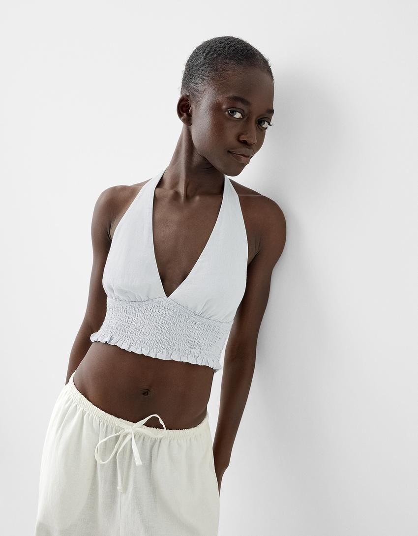 Crop top encolure américaine avec lin-Bleu clair-5