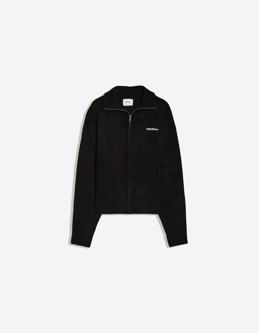 Boxy fit knit zip-up jacket-Black