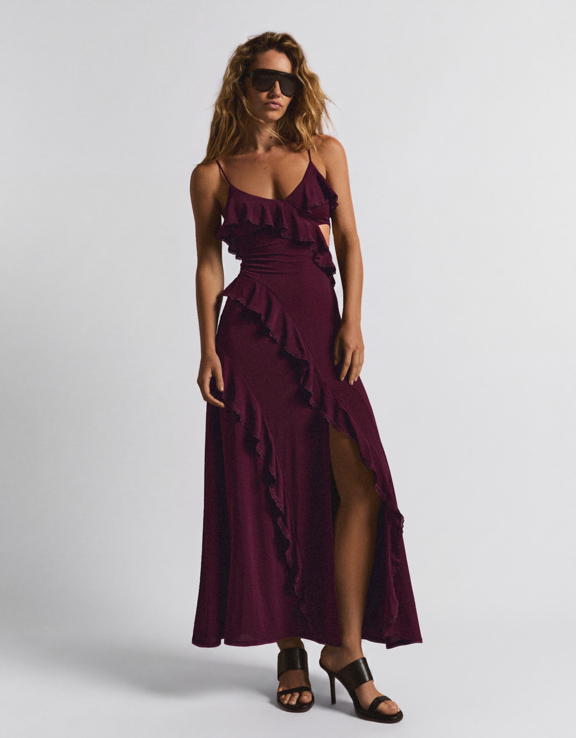Midi dress with frilled straps — Burgundy