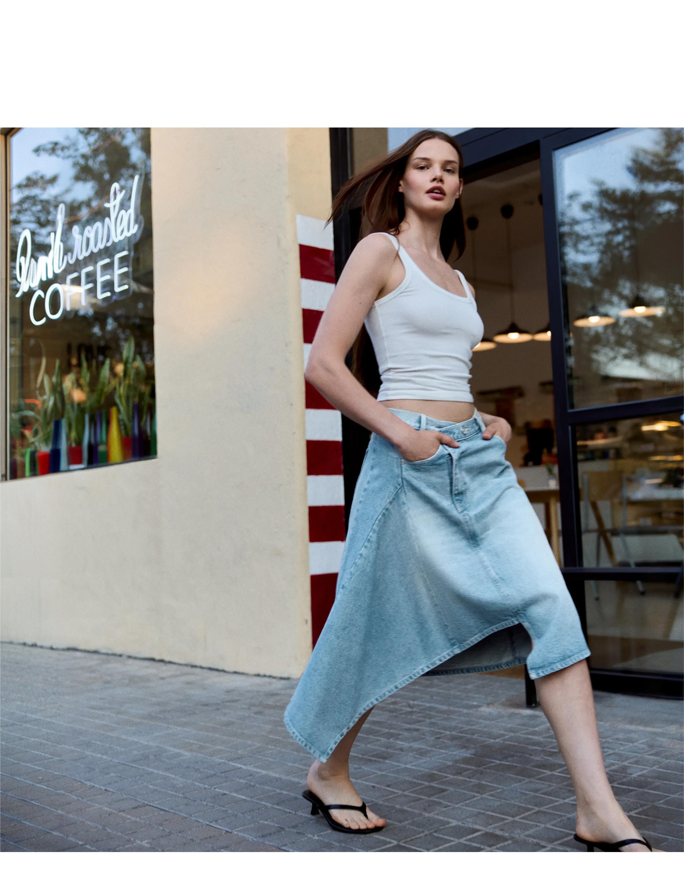 Asymmetric denim midi skirt — Light blue