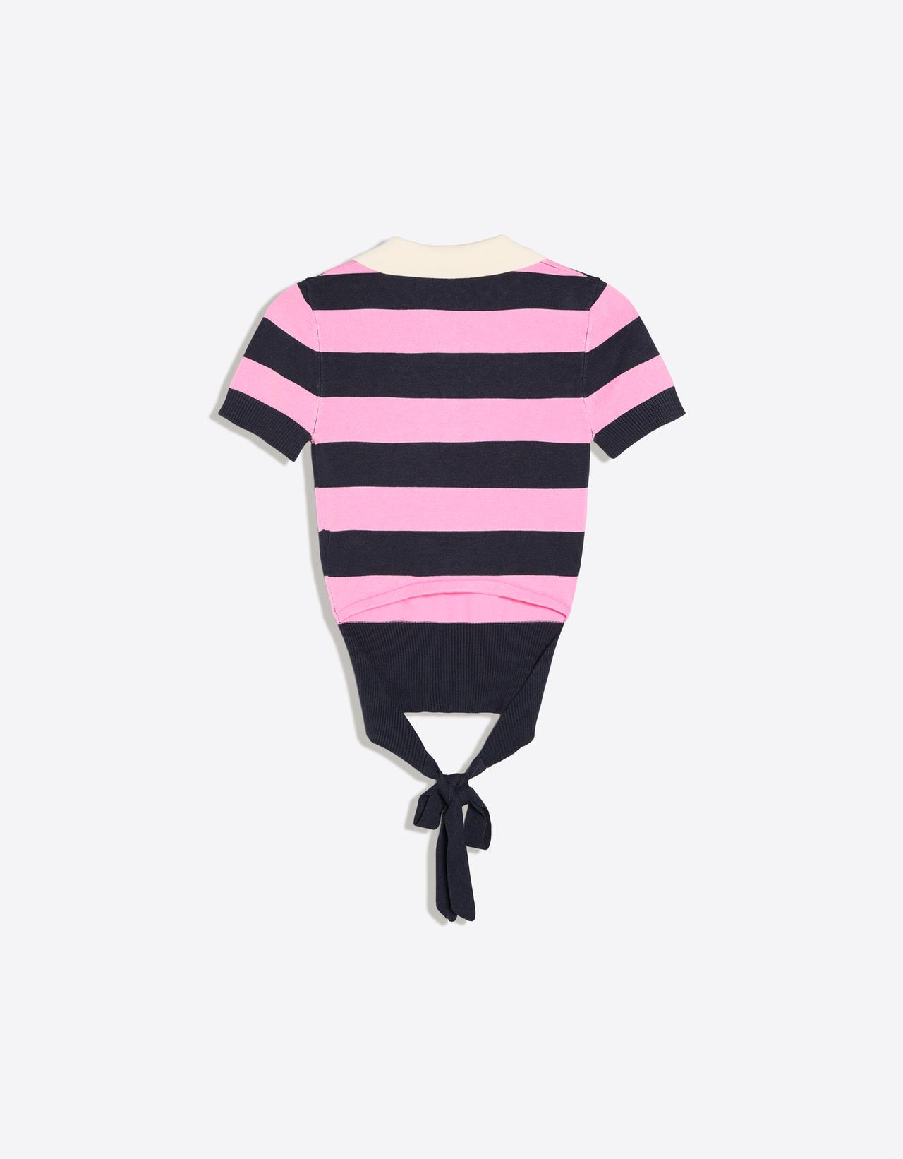 Striped short sleeve knit polo sweater — Pink