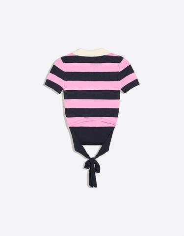 Striped short sleeve knit polo sweater — Pink 6