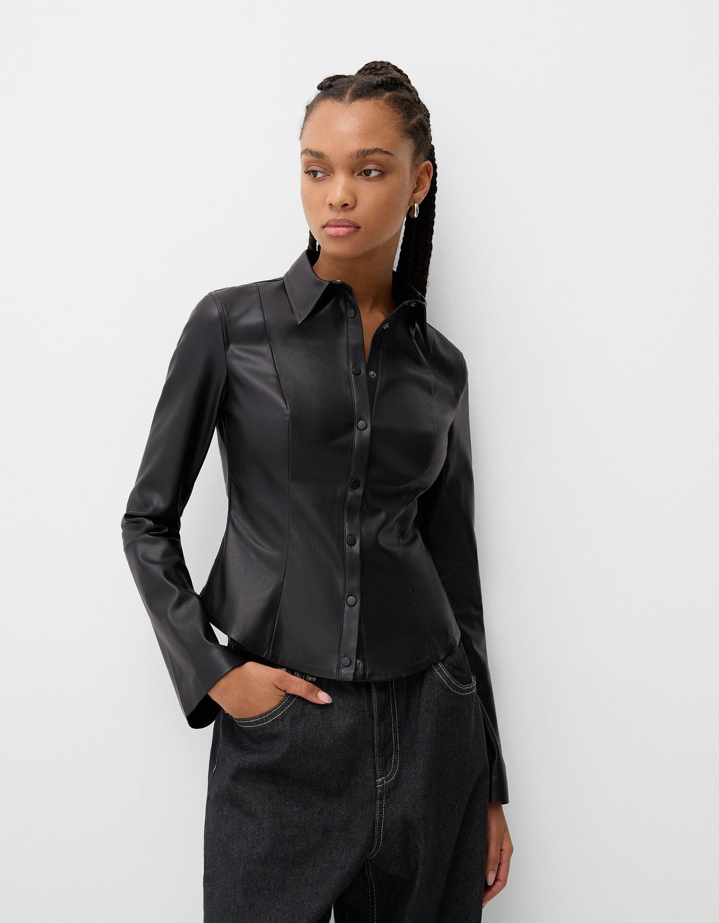 Bershka Camisa Entallada Efecto Piel Mujer Xs Negro