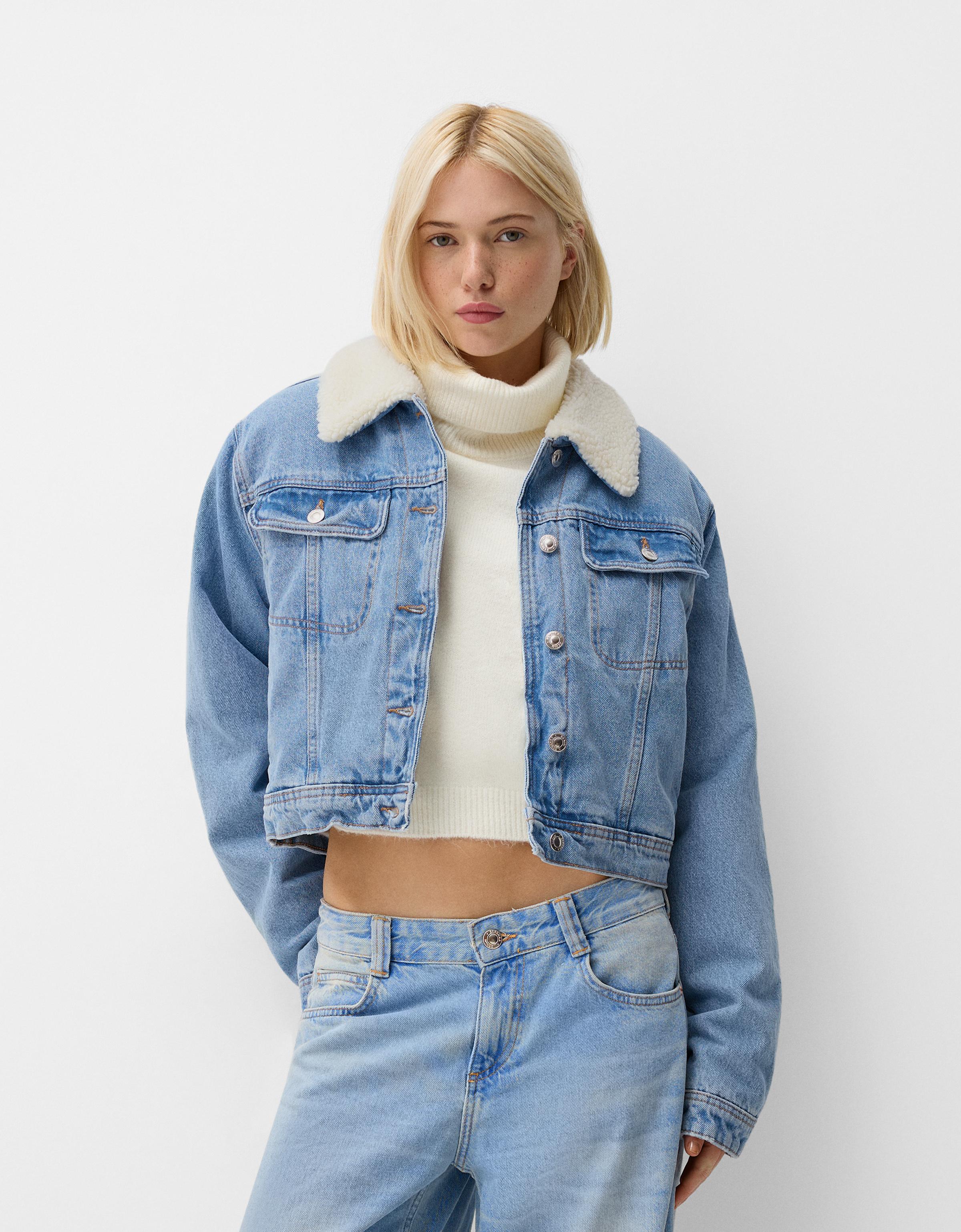 Bershka Jeansjacke Mit Kragen Aus Lammfellimitat Damen M Ausgewaschenes Blau