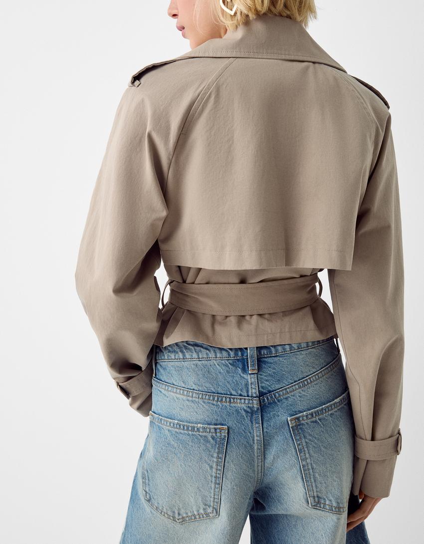Cropped trench coat with buckle-Grey