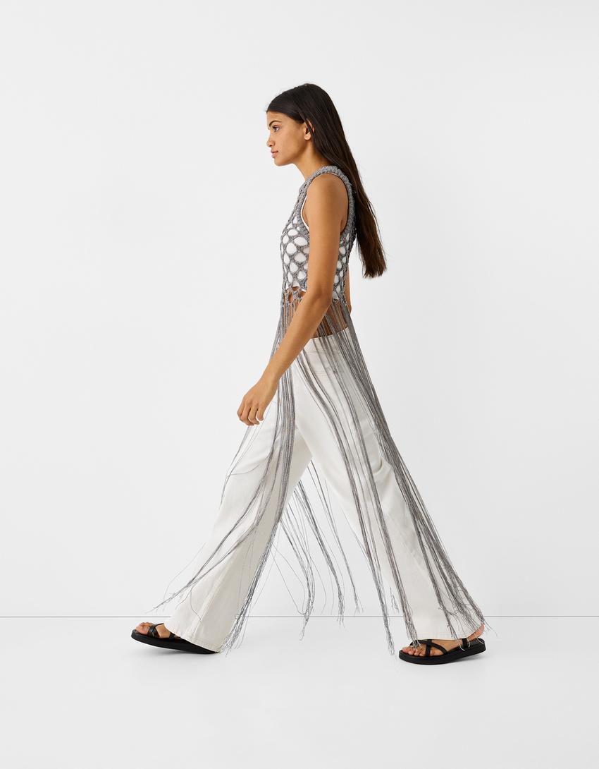 Top ajouré col rond franges-Argent-2