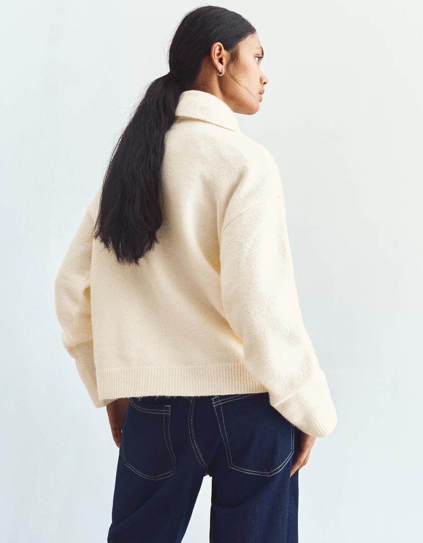 Jersey cuello alto cremallera-Crudo