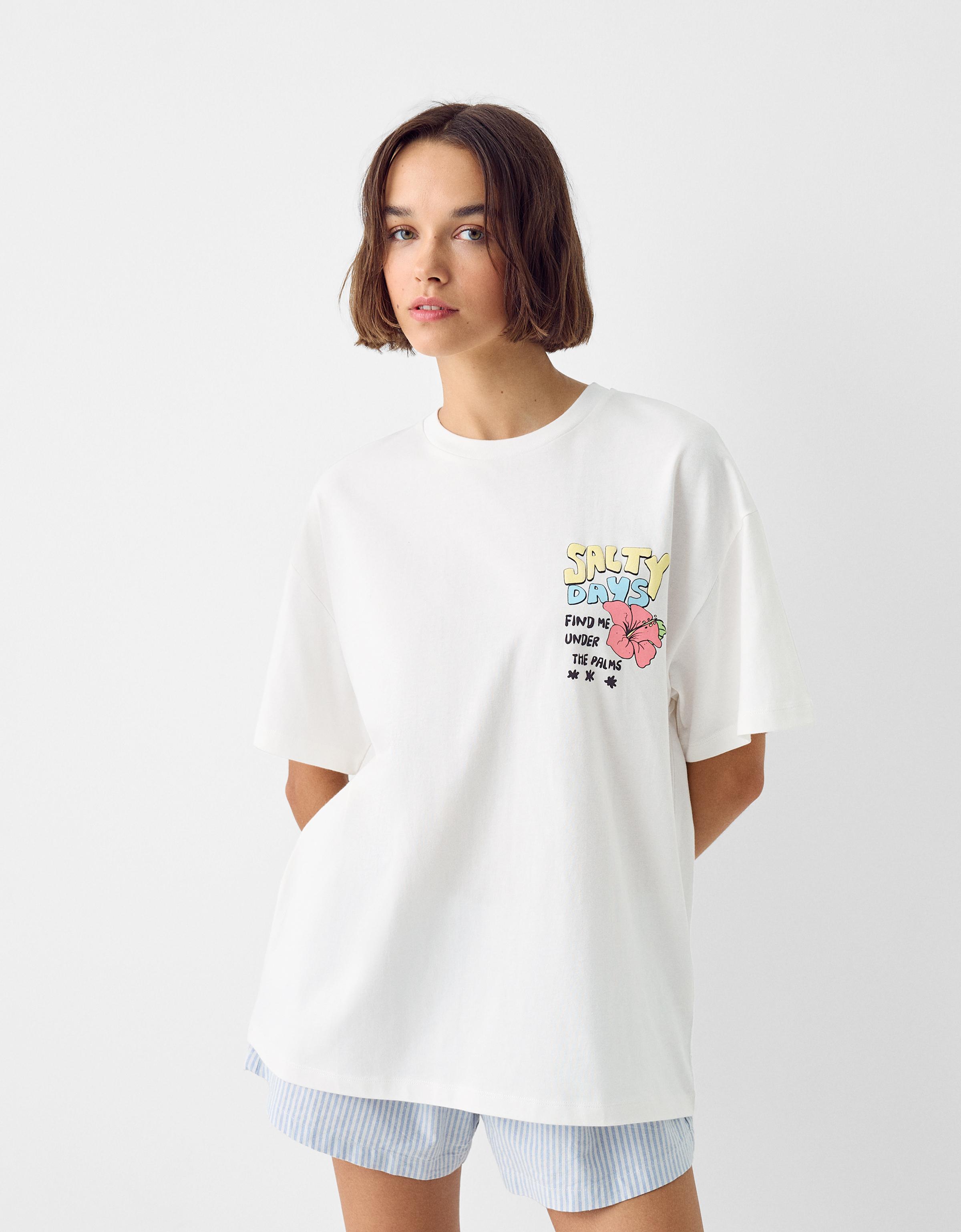 Bershka Oversize-T-Shirt Mit Print Damen Xs Rohweiß