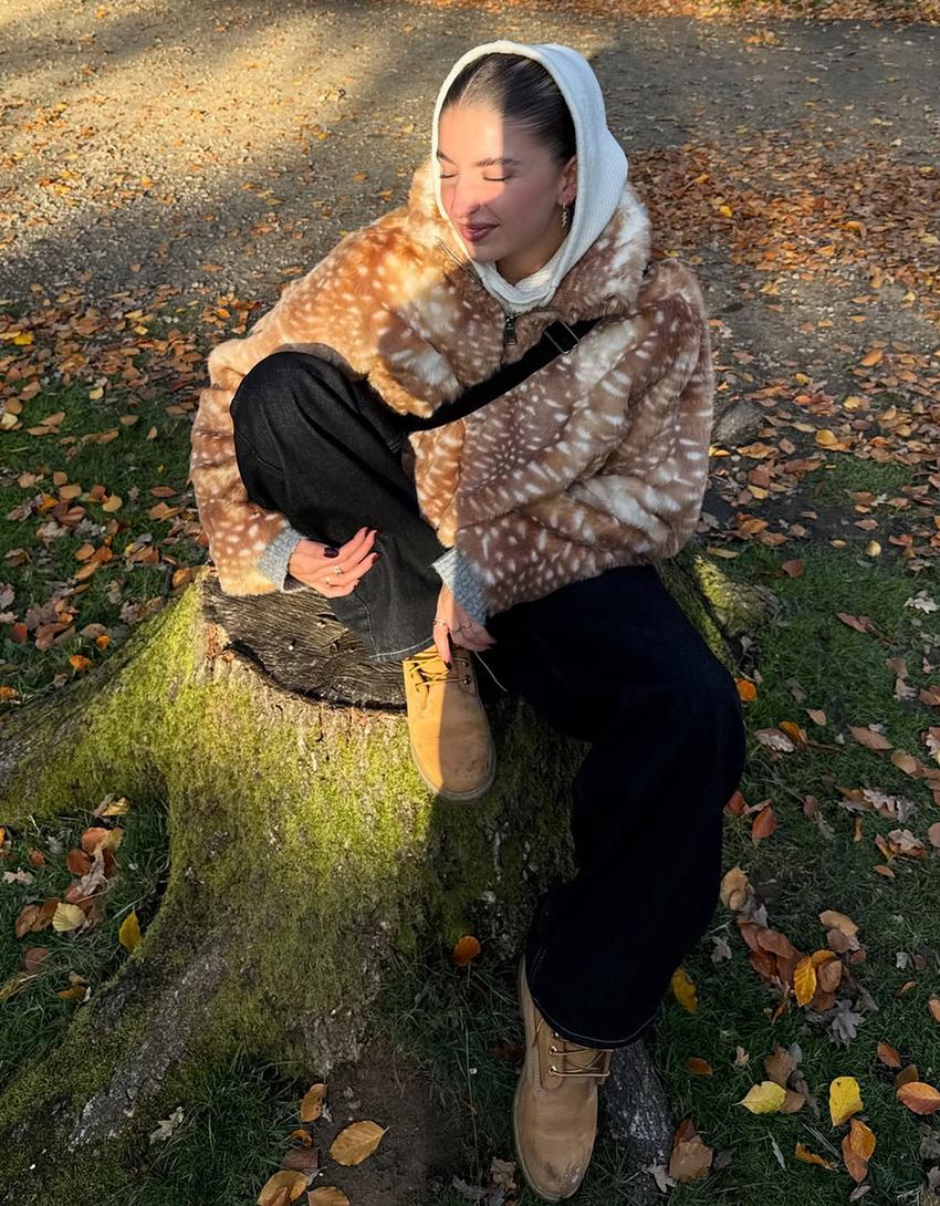 Casaco efeito de pelo animal print-Caramelo