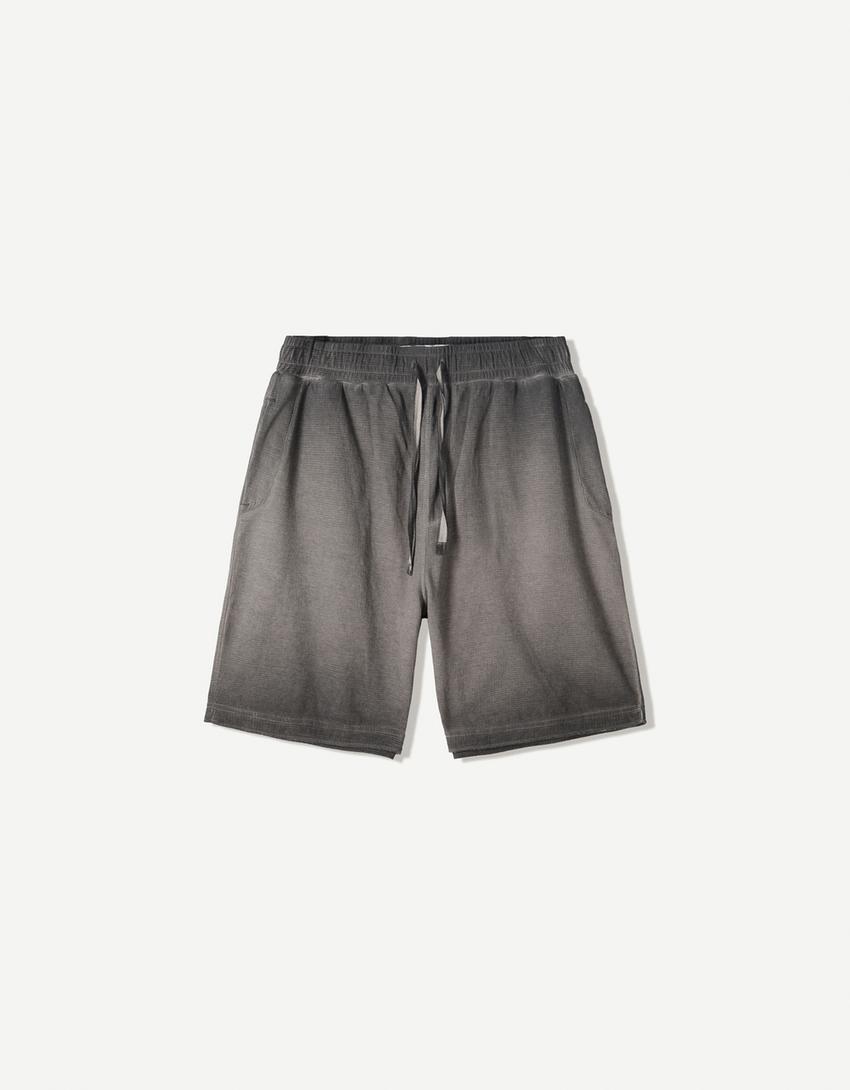 Faded-effect waffle-knit Bermuda shorts-Grey