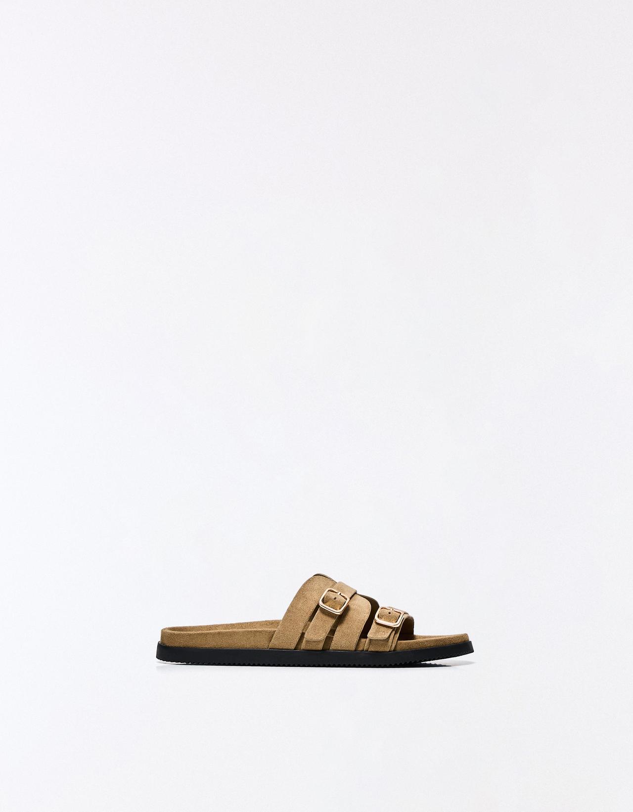 Buckle detail flat slider sandals — Tan