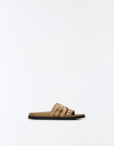 Buckle detail flat slider sandals — Tan 1