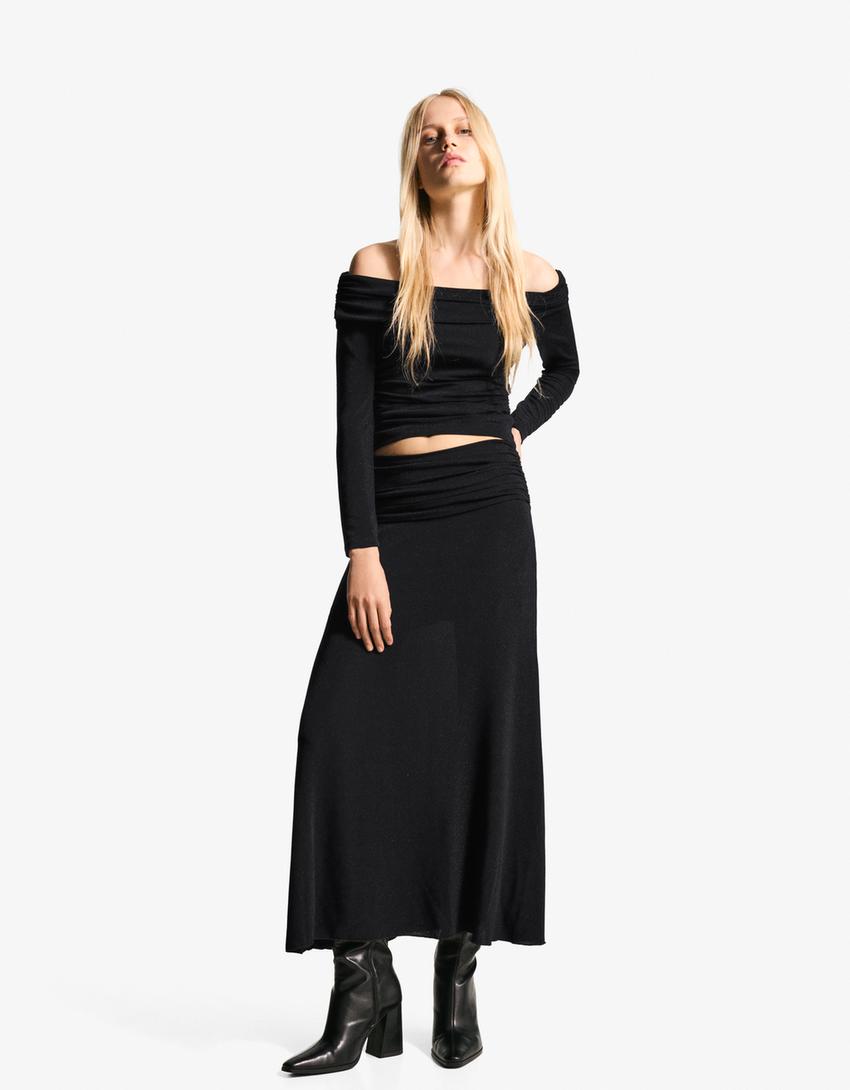 Textured shimmery midi skirt-Black
