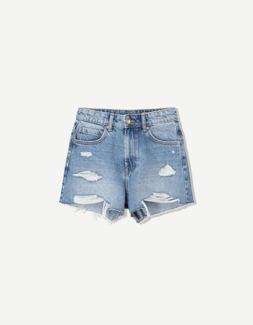 Ripped denim shorts-Blue