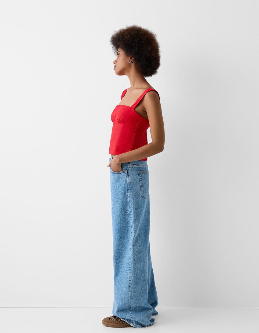 Tied crop top with linen-Red-3