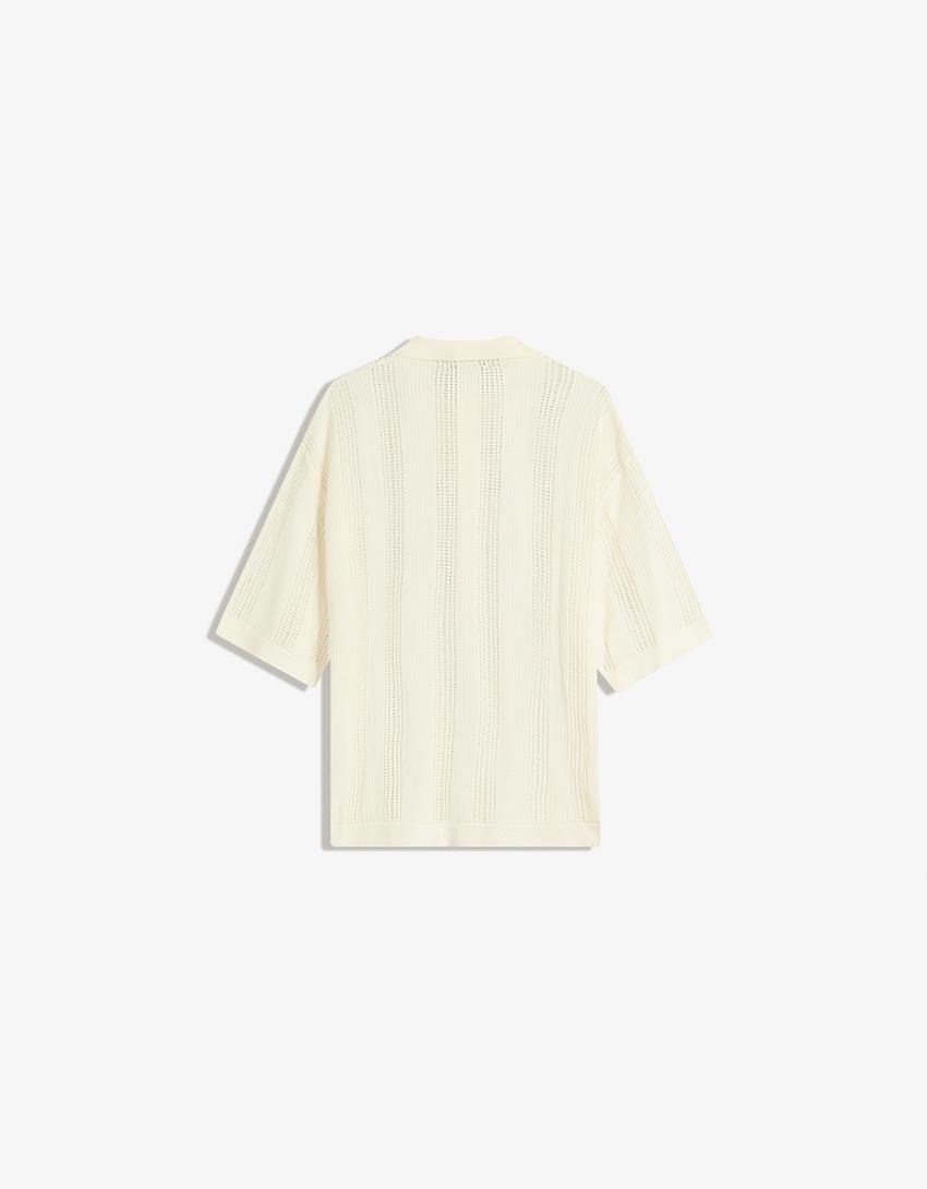 Textured openwork polo shirt-Off white-5