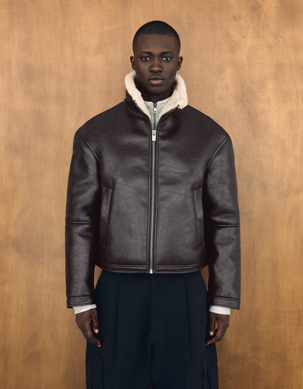 Bershka Leather effect funnel neck bomber jacket