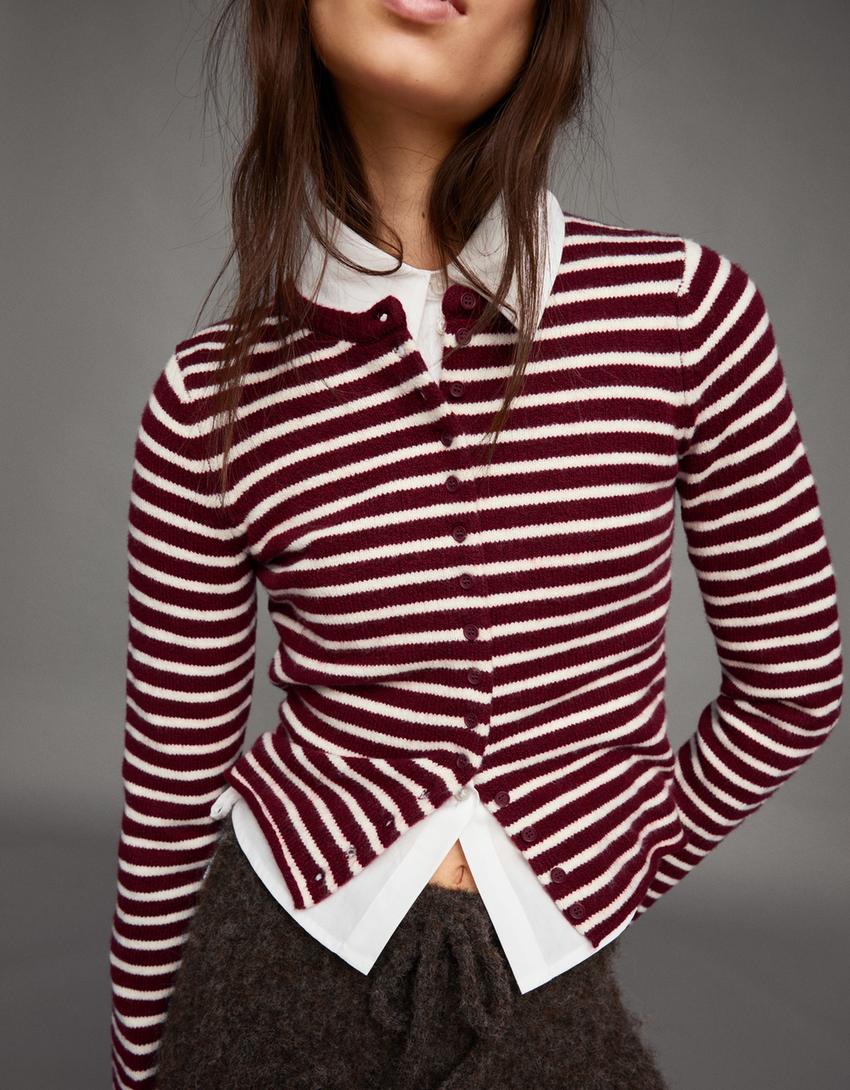 Çizgili örgü hırka-Bordo