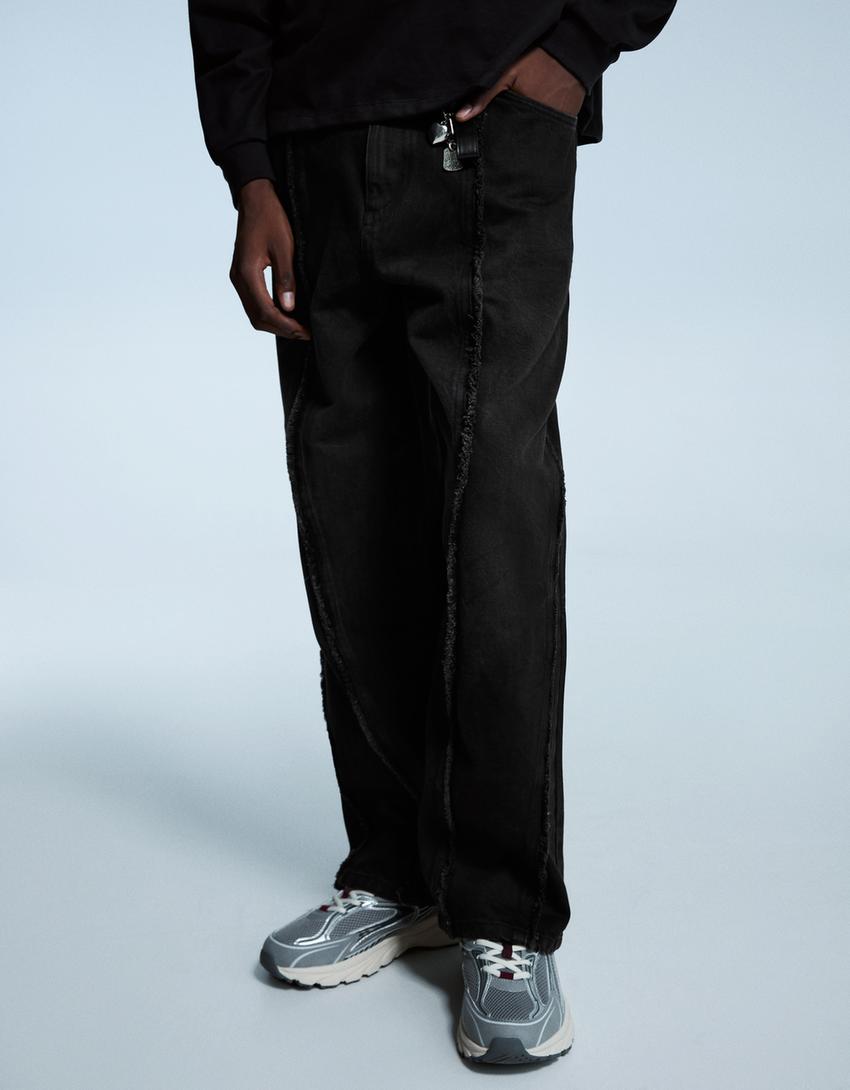 Super baggy fringe trousers-Black