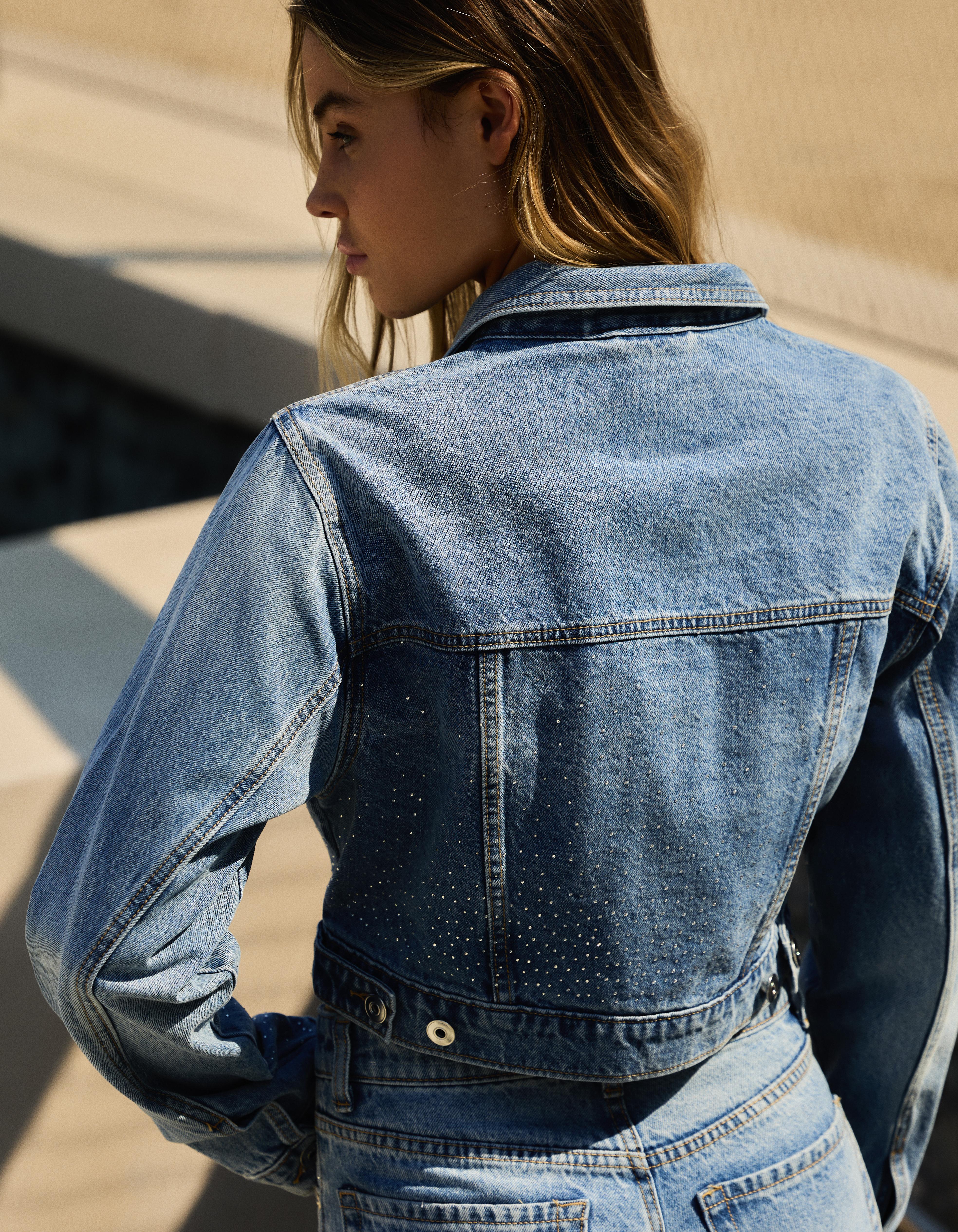 Shimmery cropped denim jacket — Light blue