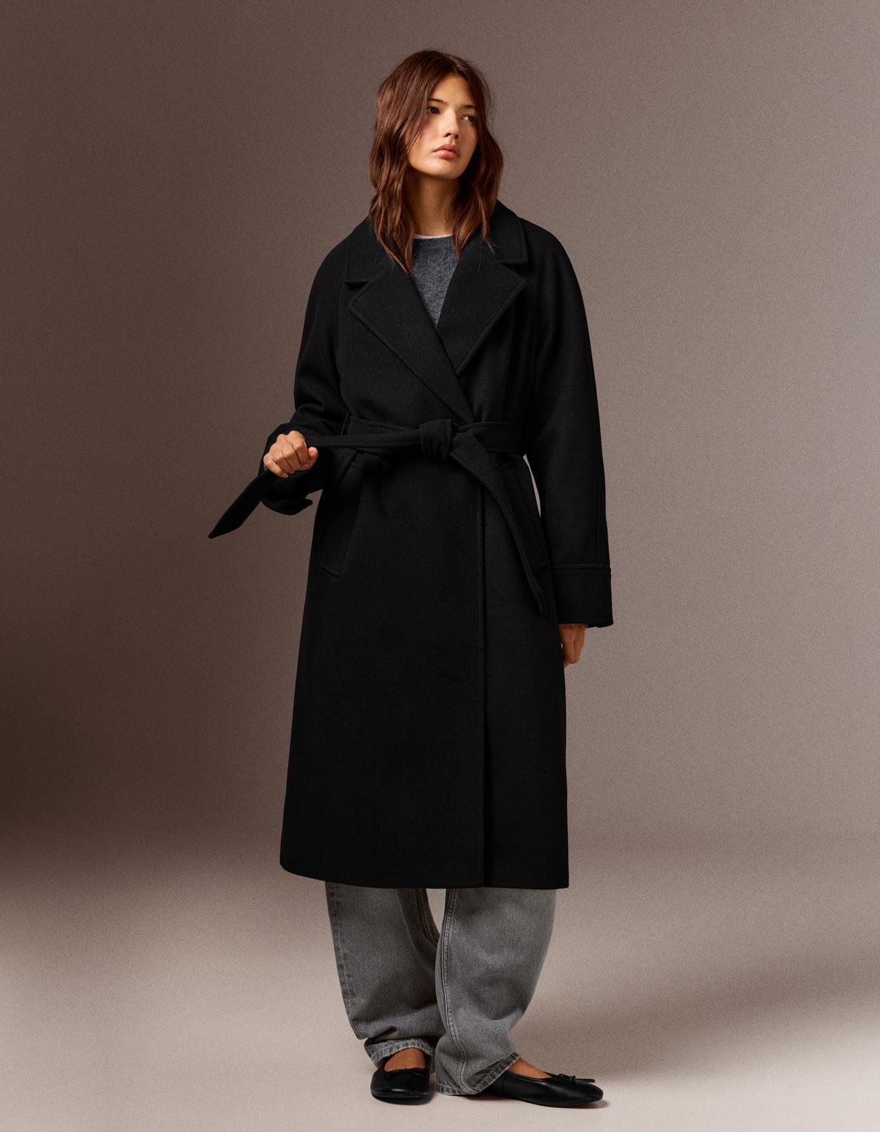 Soft-touch long coat with belt — Black