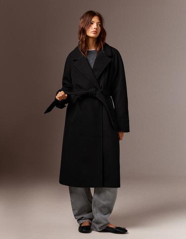 Soft-touch long coat with belt — Black 1