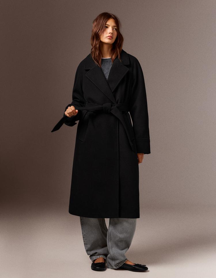 Soft-touch long coat with belt — Black