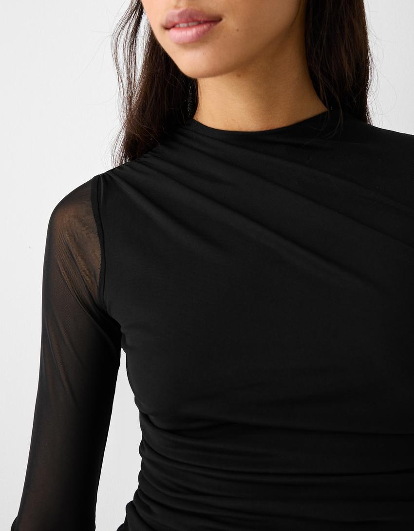 Vestido mini manga comprida tule franzido-Preto-5