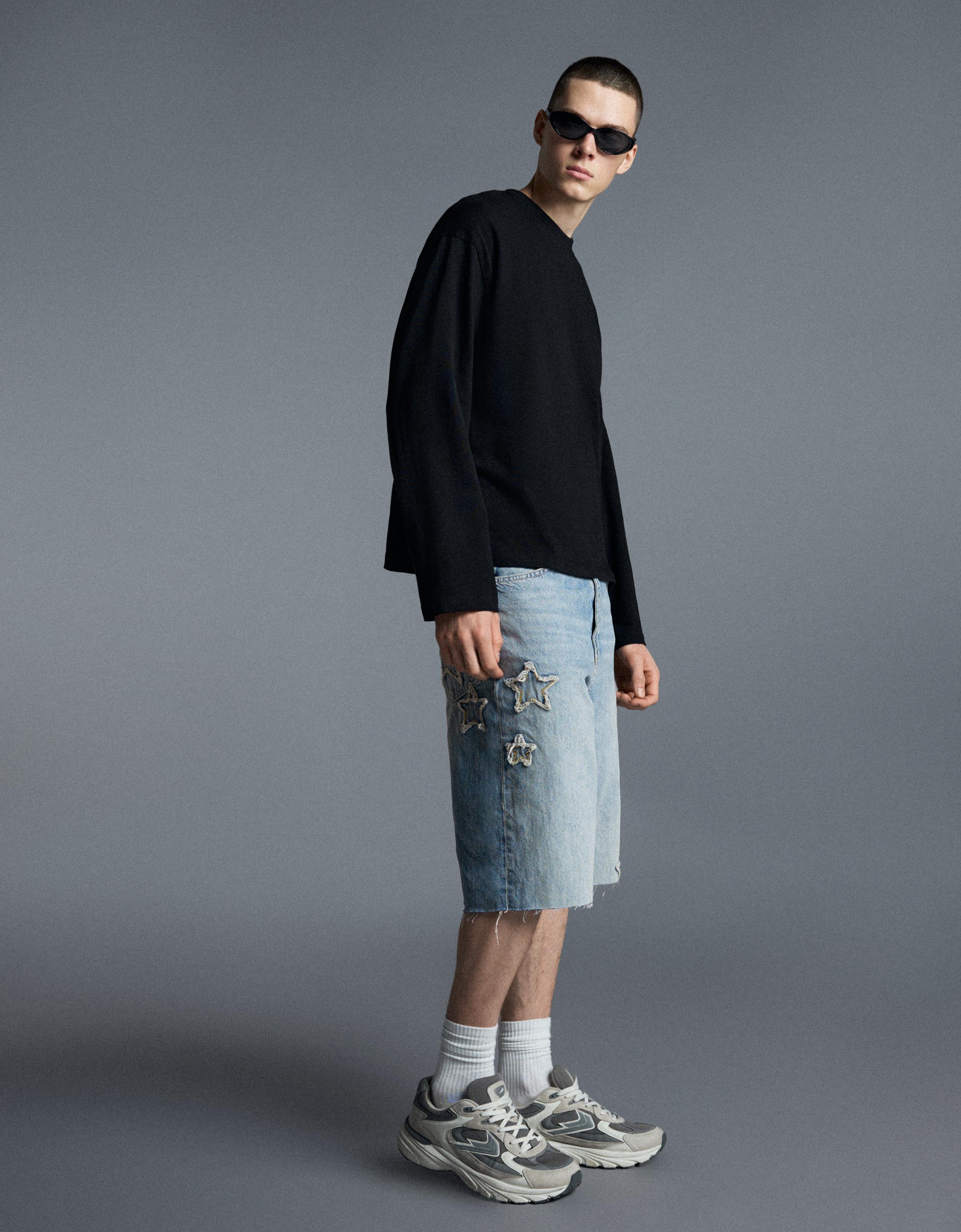 Star patch baggy denim Bermuda shorts — Light blue