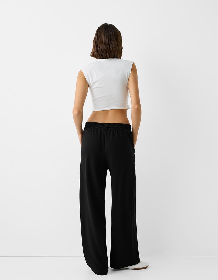 بنطلون من نسيج البلش بساق عريضة-أسود-2