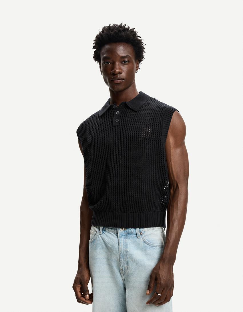 Mesh vest with polo collar and buttons-Black-0