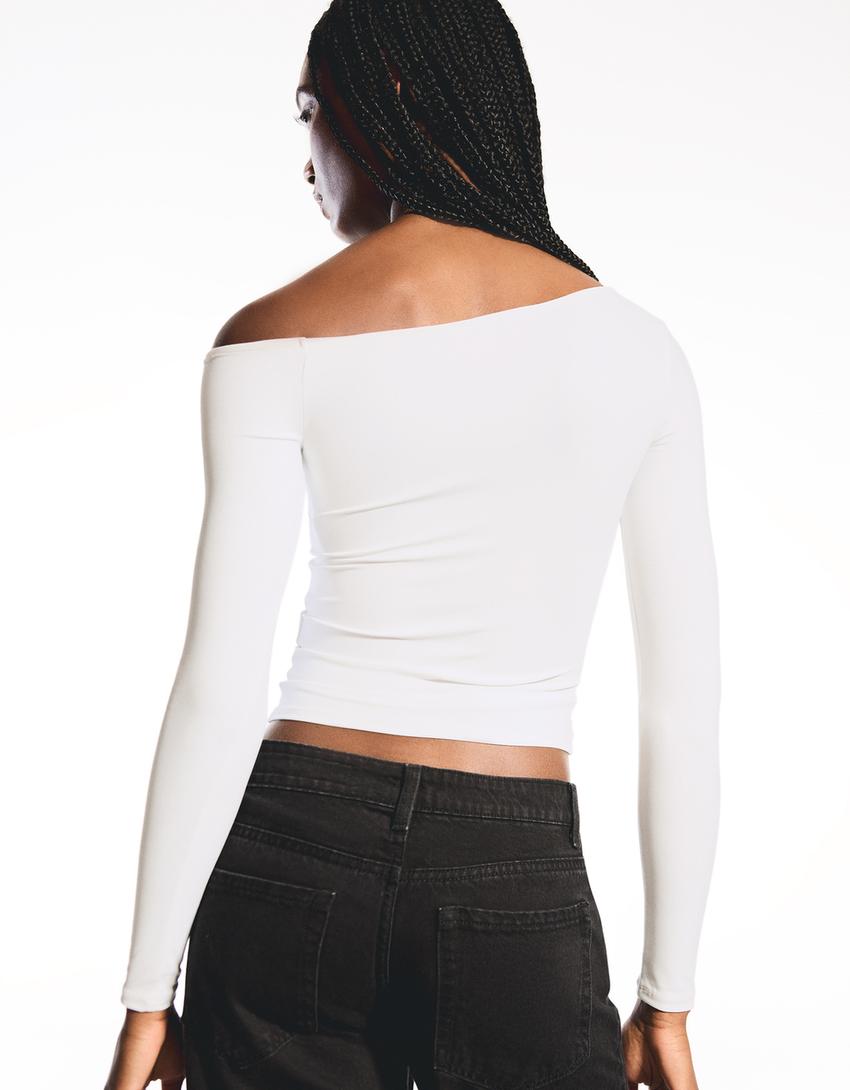 Langarmshirt mit asymmetrischem Kragen-Grbrochenes Weiss