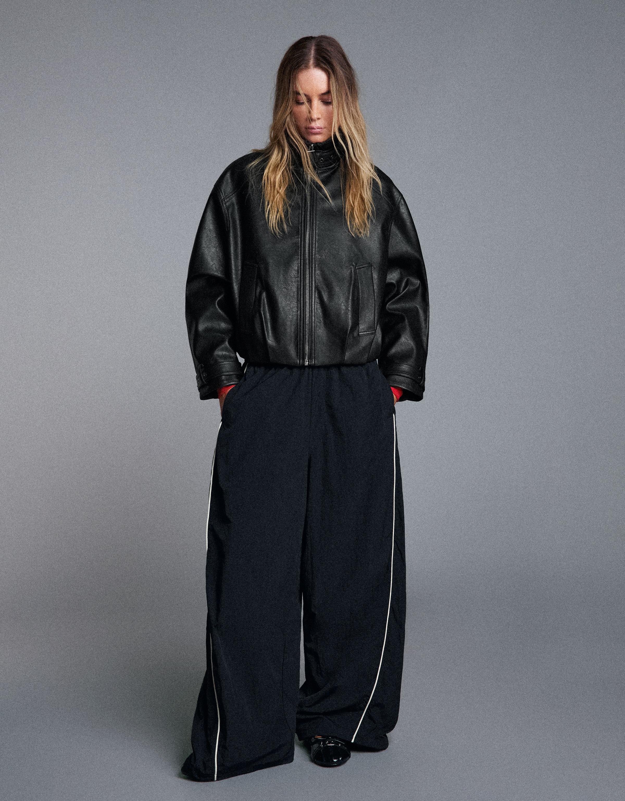 Leather effect funnel neck jacket — Black