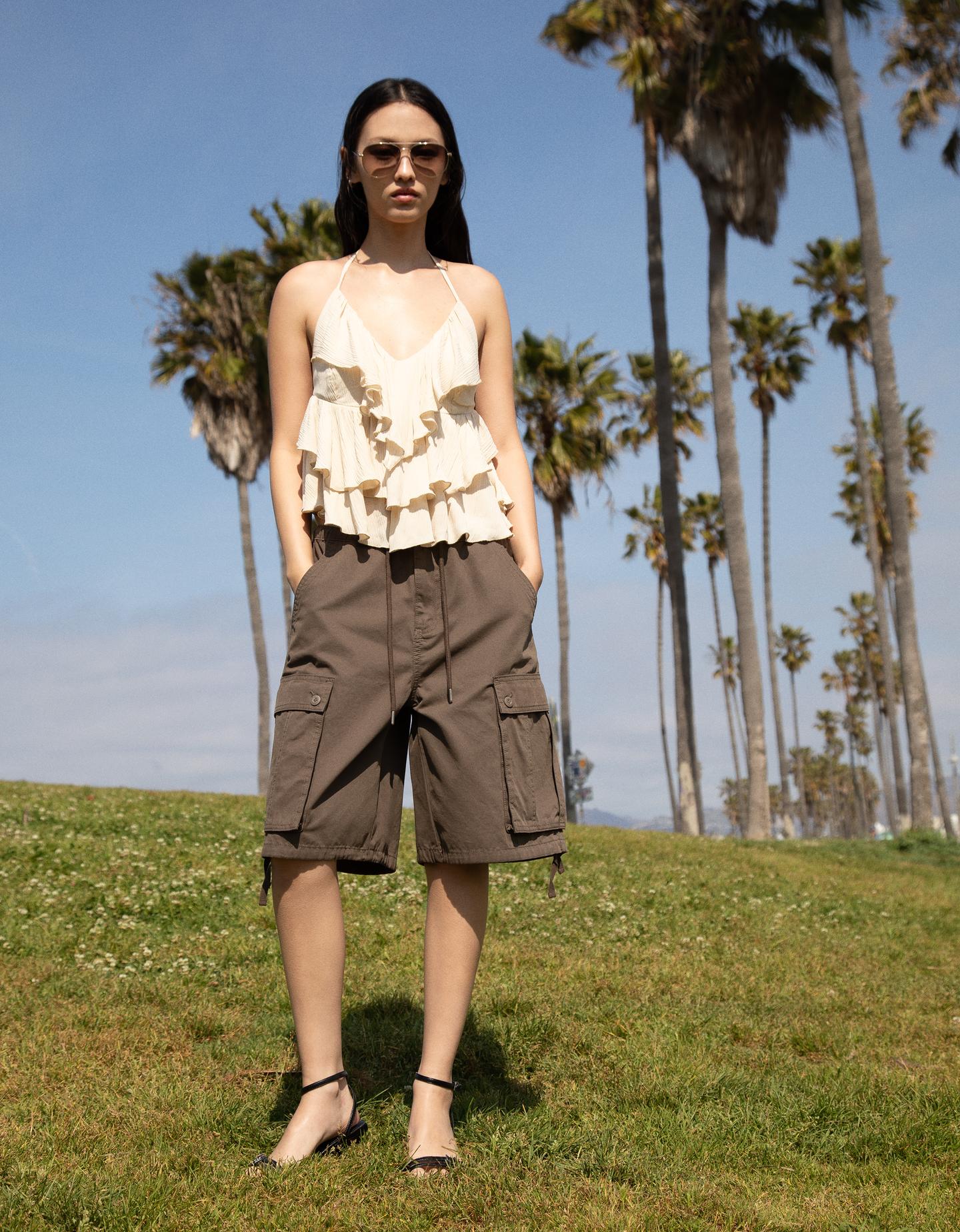 Bershka Top Tirantes Textura Volantes Mujer L Arena